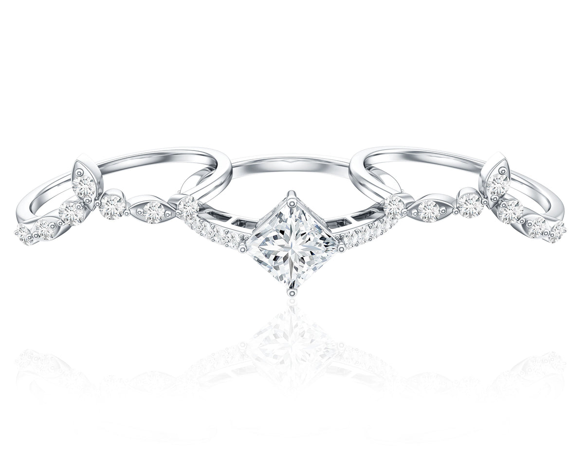Classic Trio Bridal Ring Set with Princess and Round Cut Moissanites