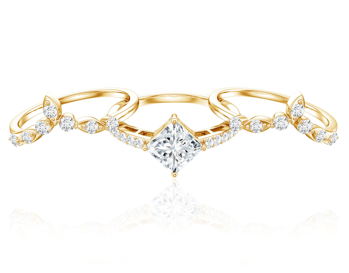 Classic Trio Bridal Ring Set with Princess and Round Cut Moissanites