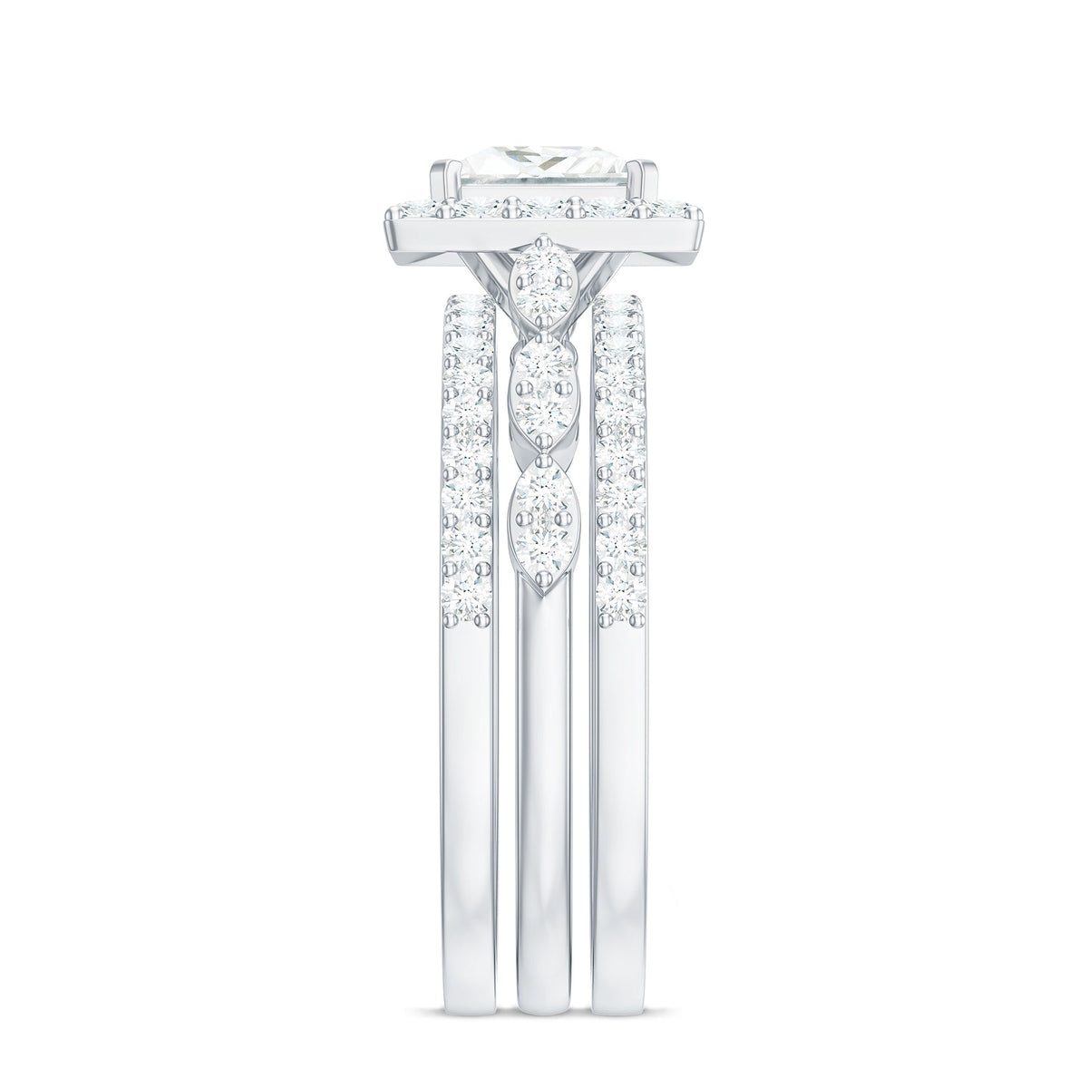 Princess Cut Moissanite Halo Engagement Ring with Wedding Bands