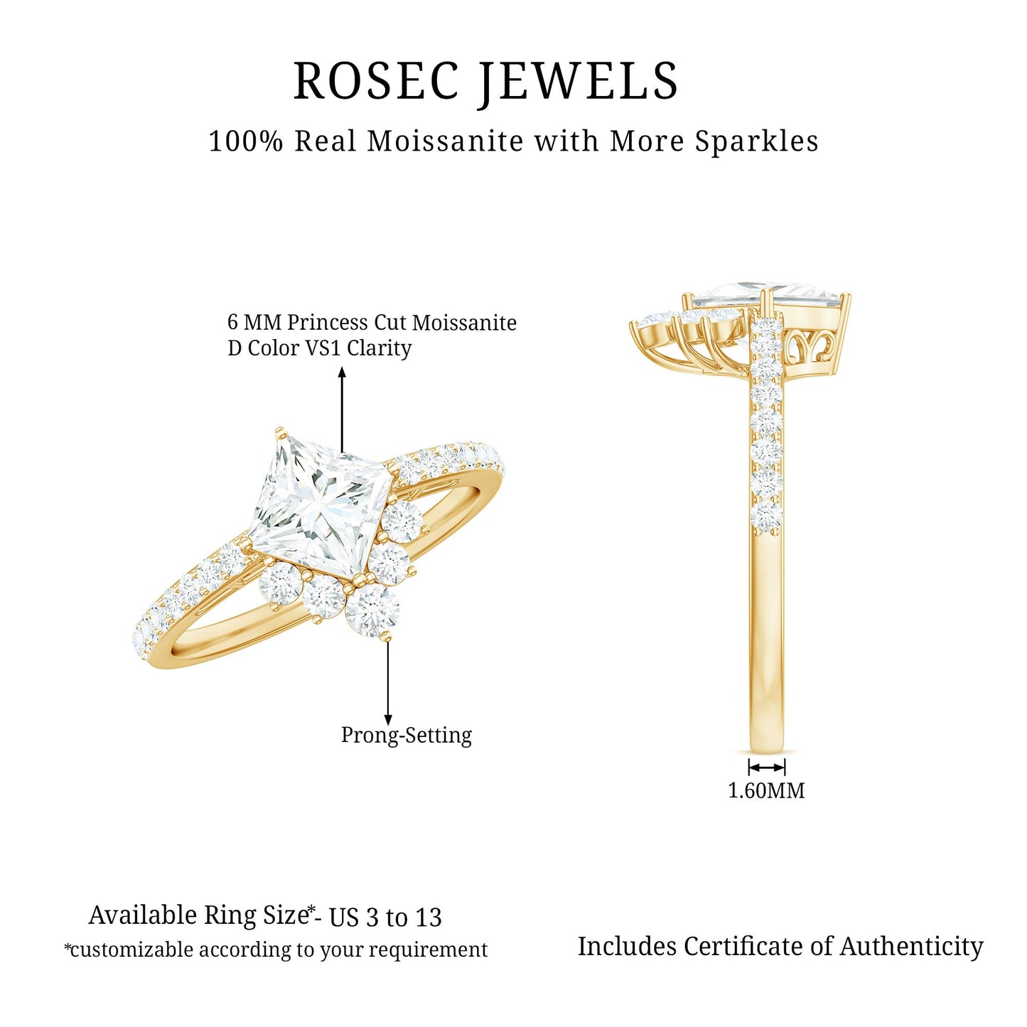 Anillo de compromiso de moissanita con corte princesa de diseño para mujer