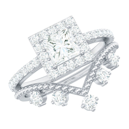 Juego de anillos de boda de moissanita con corte de princesa y halo con certificado