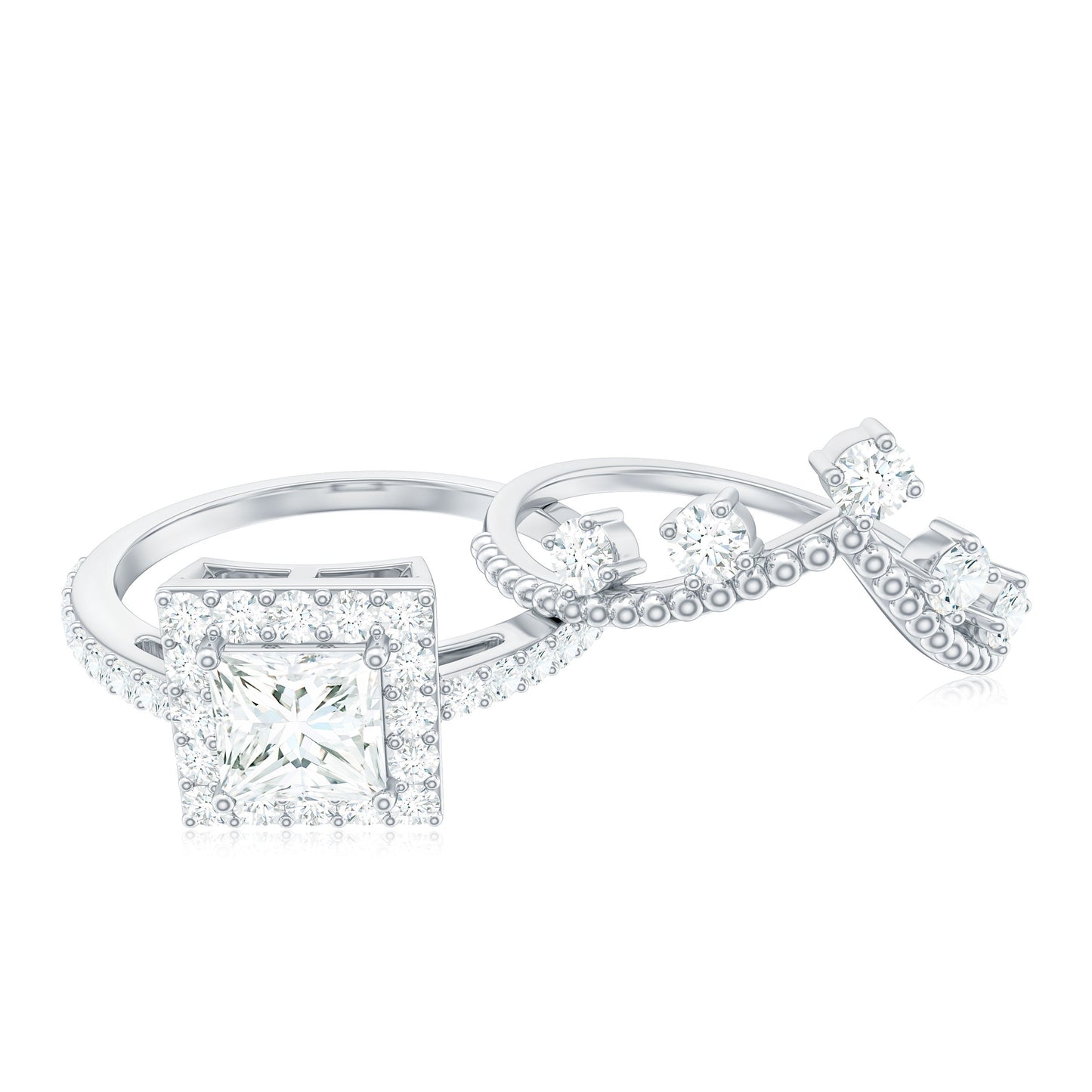 Juego de anillos de boda de moissanita con corte de princesa y halo con certificado