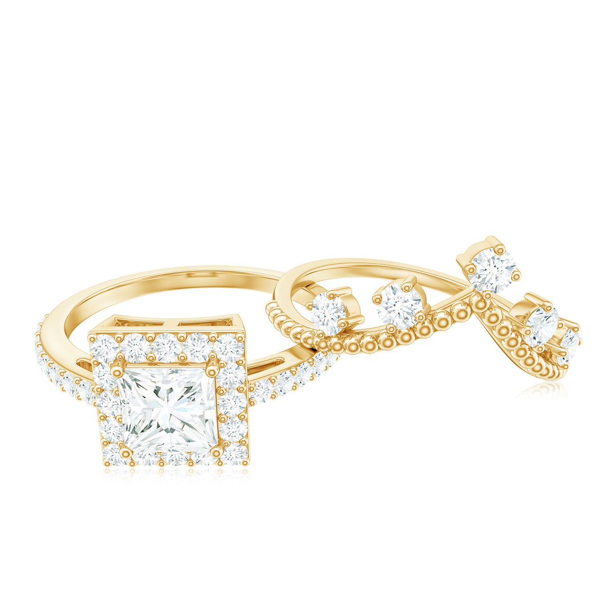 Juego de anillos de boda de moissanita con corte de princesa y halo con certificado