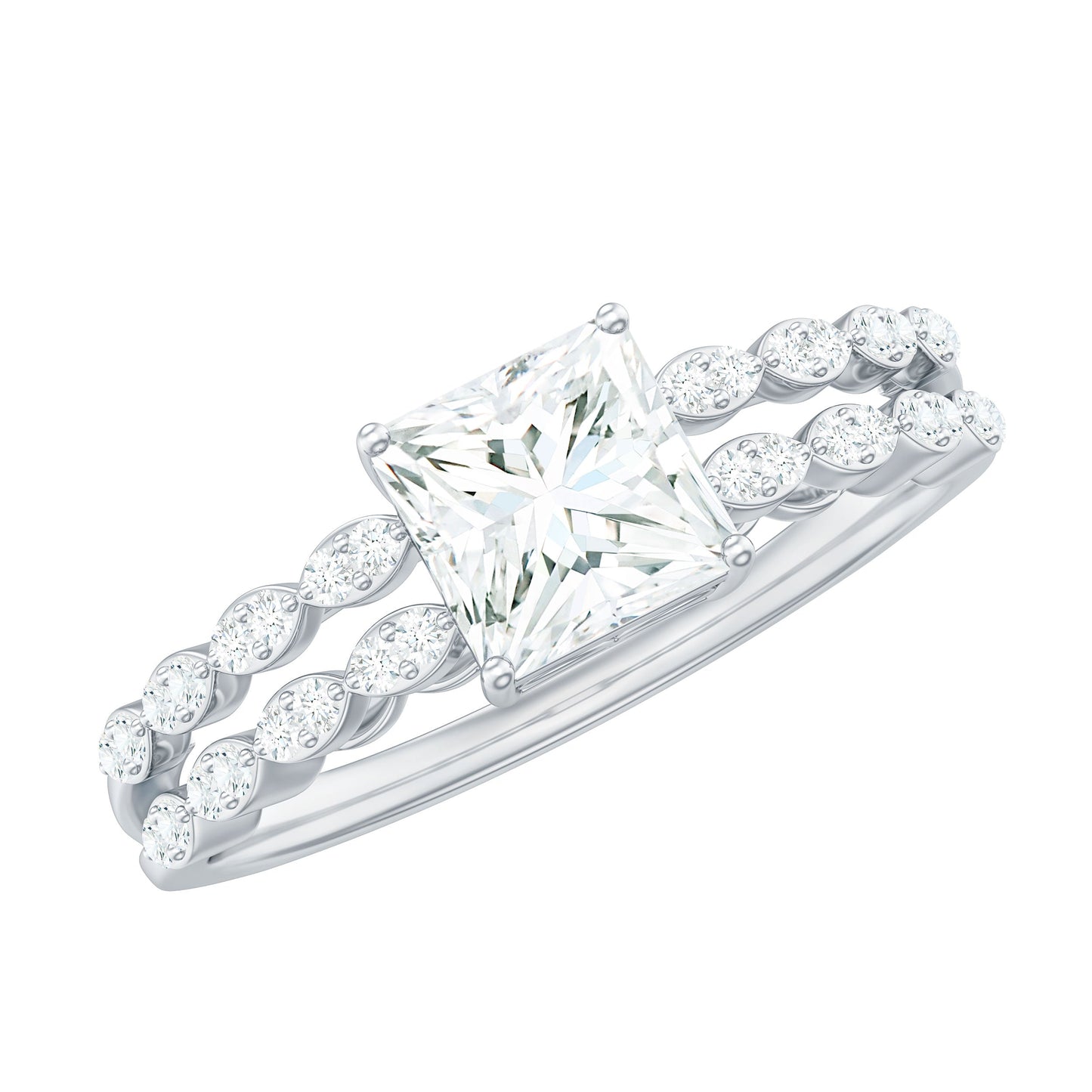 Certified Moissanite Princess Cut Engagement Ring in Double Band