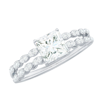 Certified Moissanite Princess Cut Engagement Ring in Double Band