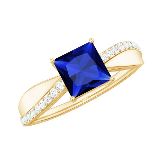 Anillo de compromiso de zafiro azul de laboratorio de 1,5 quilates con corte de princesa y diamante, certificado