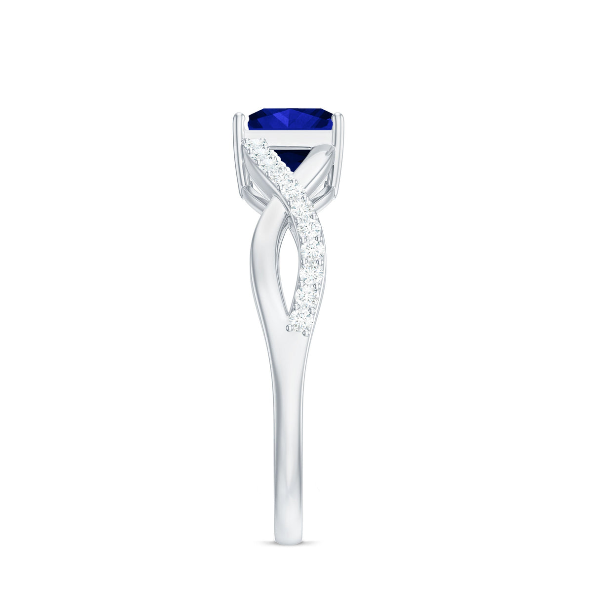 1.5 Carat Lab Grown Blue Sapphire Princess Cut Engagement Ring with Diamond Crossover Shank