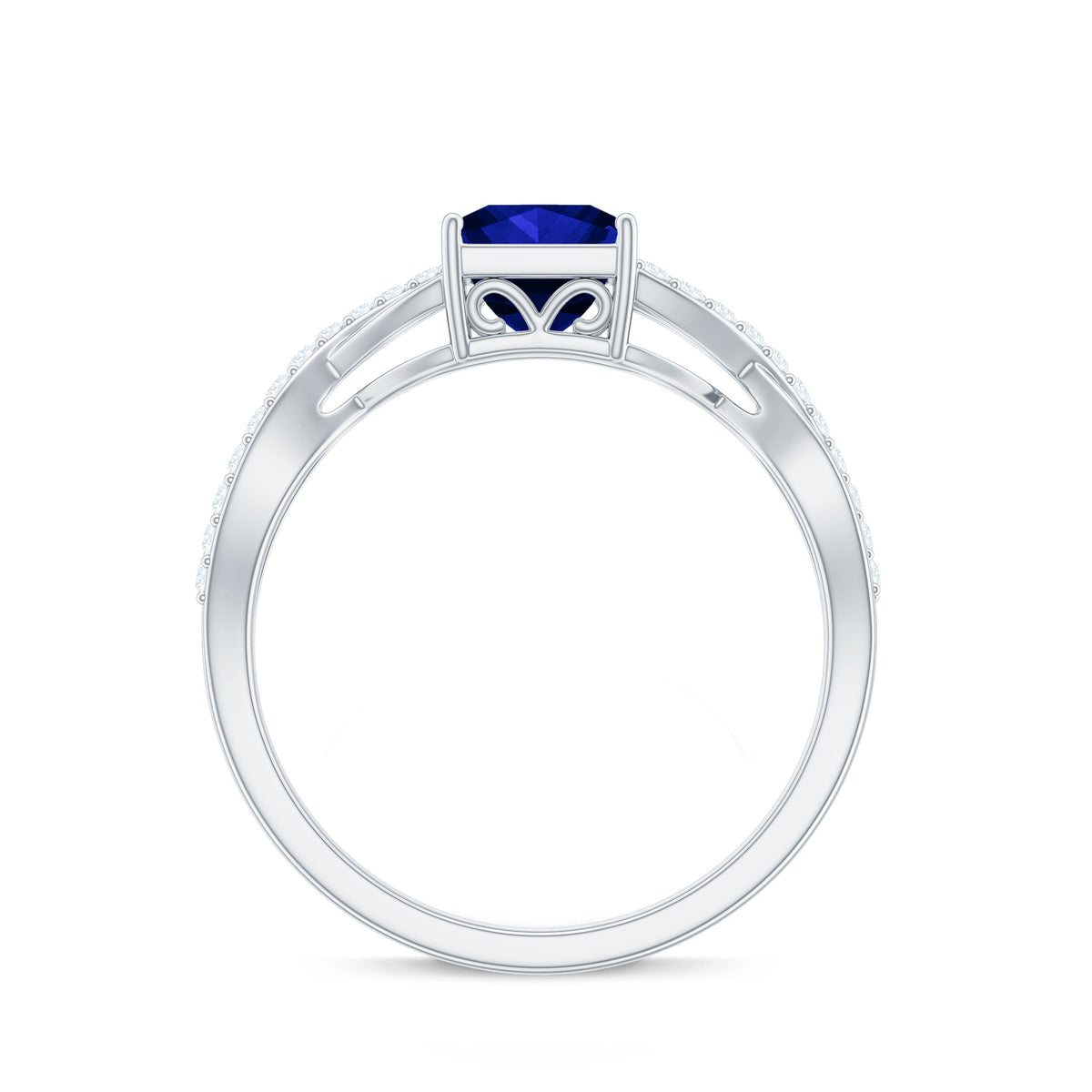 1.5 Carat Lab Grown Blue Sapphire Princess Cut Engagement Ring with Diamond Crossover Shank