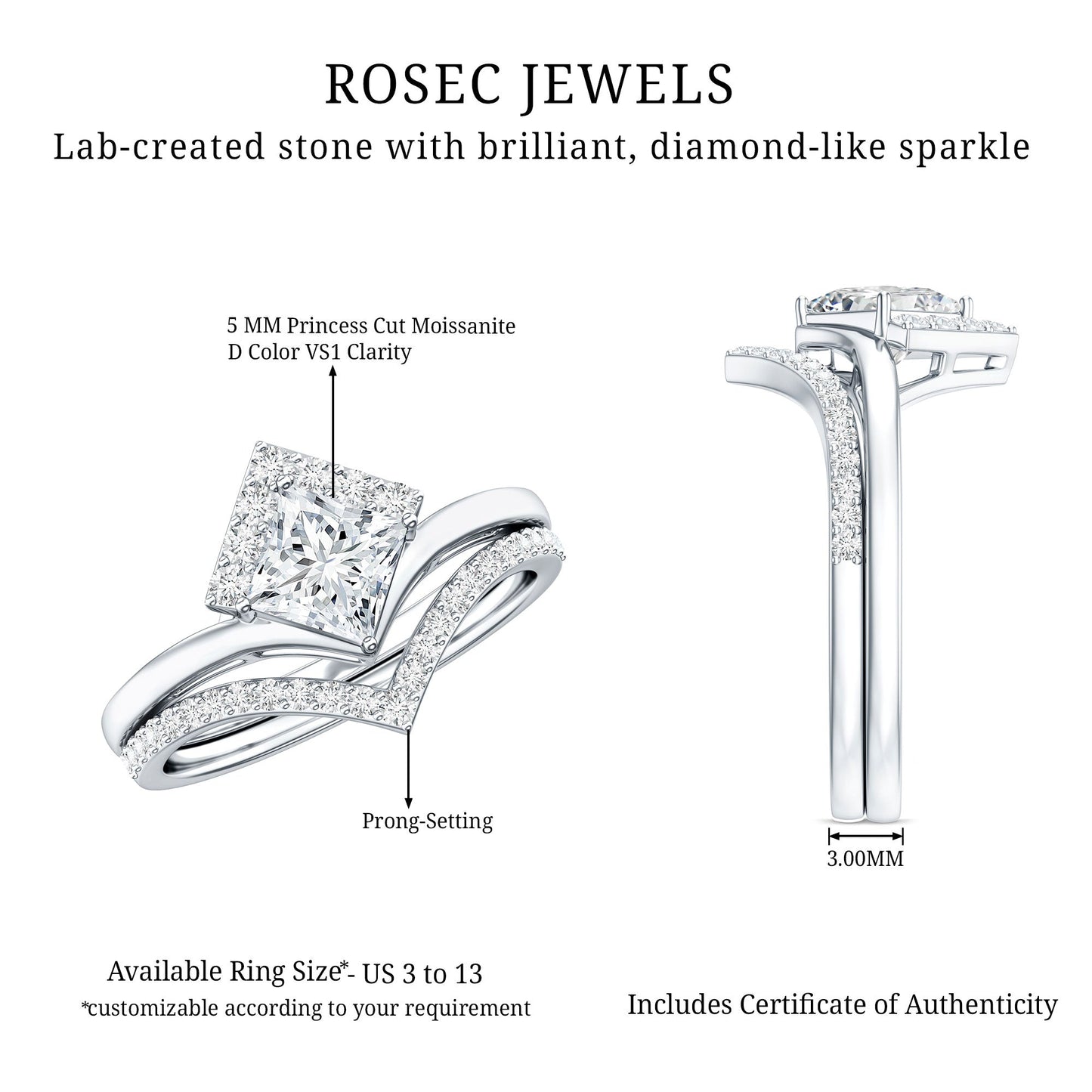 Certified Princess Cut Moissanite Wedding Ring Set for Women