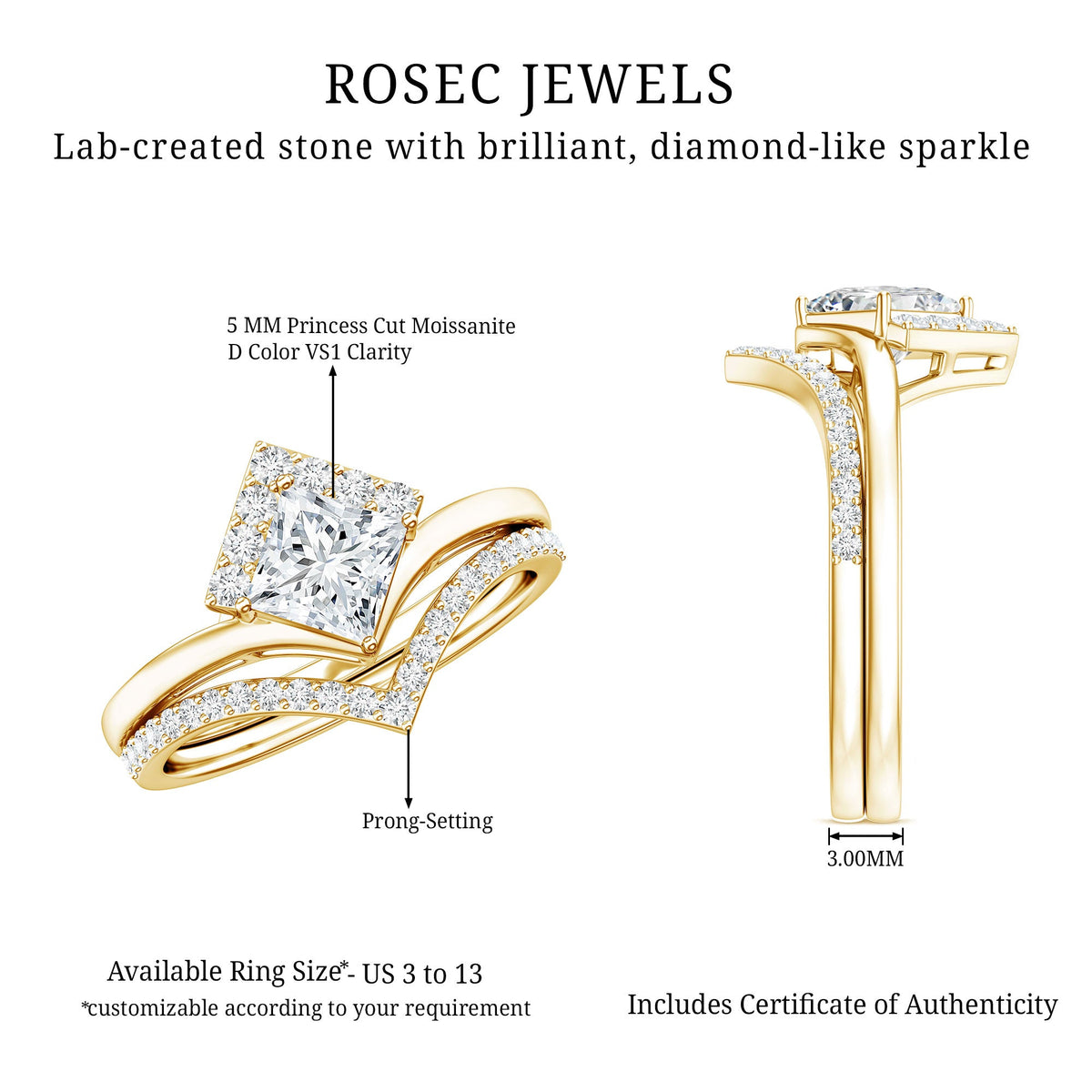 Certified Princess Cut Moissanite Wedding Ring Set for Women