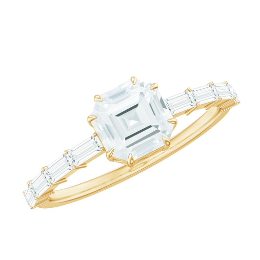 Anillo de compromiso de moissanita con corte Asscher y baguettes laterales