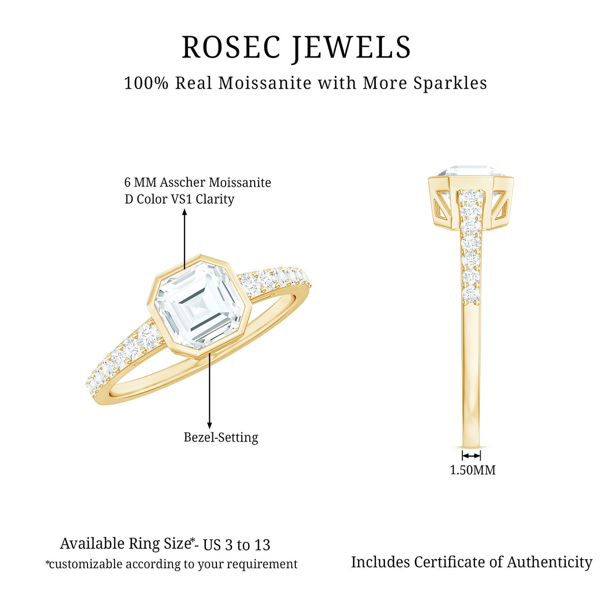 Asscher Cut Moissanite Solitaire Engagement Ring in Bezel Setting