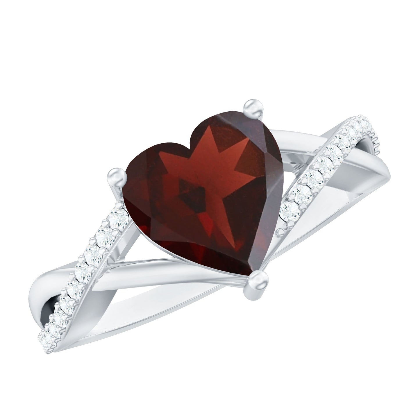 Anillo de compromiso de granate natural en forma de corazón con vástago cruzado de diamantes