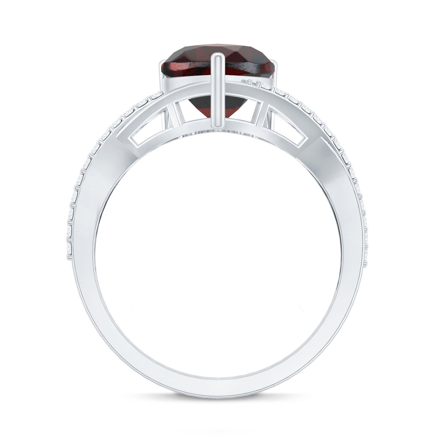 Anillo de compromiso de granate natural en forma de corazón con vástago cruzado de diamantes