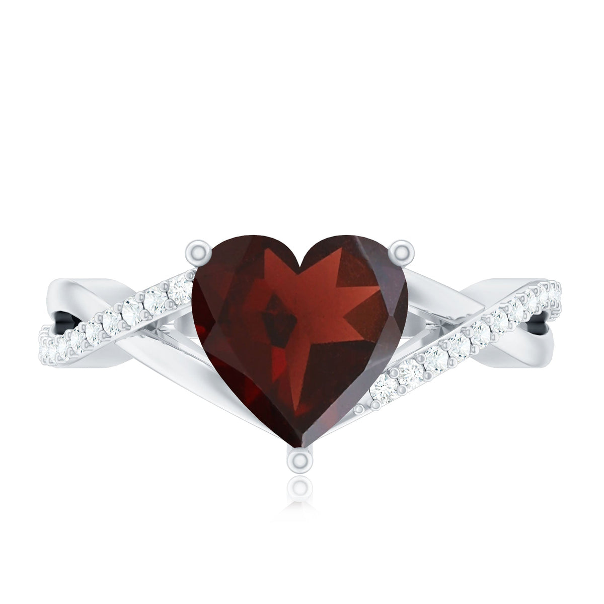 Anillo de compromiso de granate natural en forma de corazón con vástago cruzado de diamantes