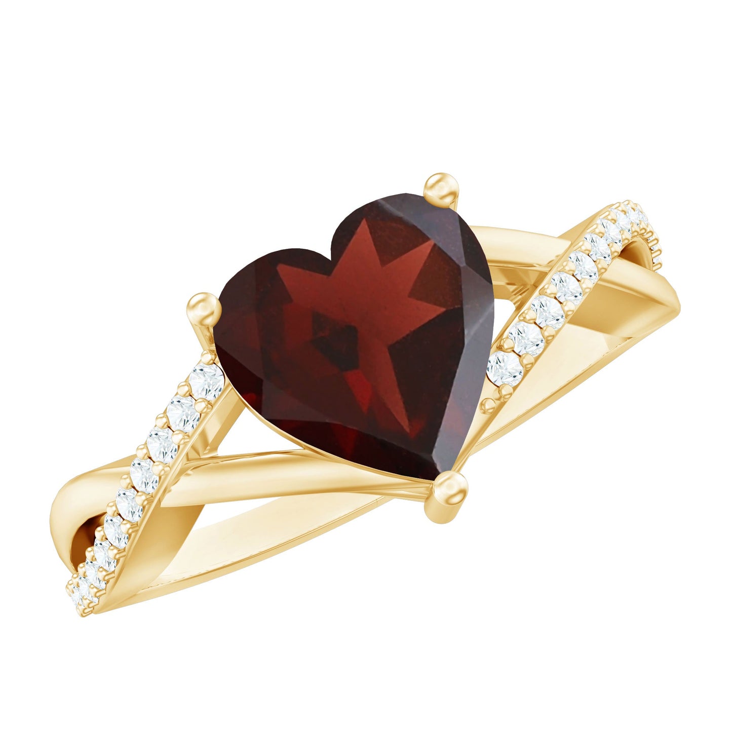 Anillo de compromiso de granate natural en forma de corazón con vástago cruzado de diamantes