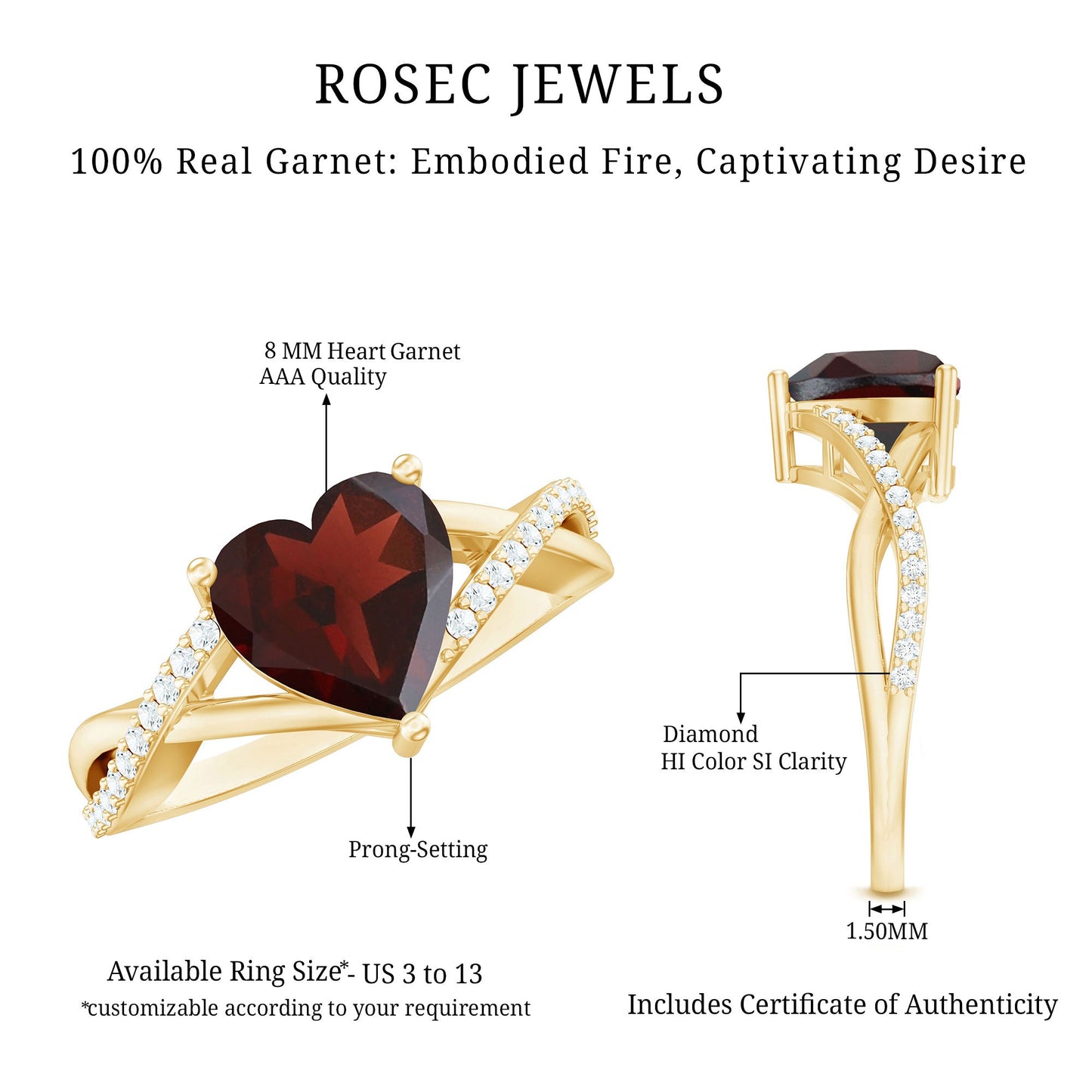 Anillo de compromiso de granate natural en forma de corazón con vástago cruzado de diamantes