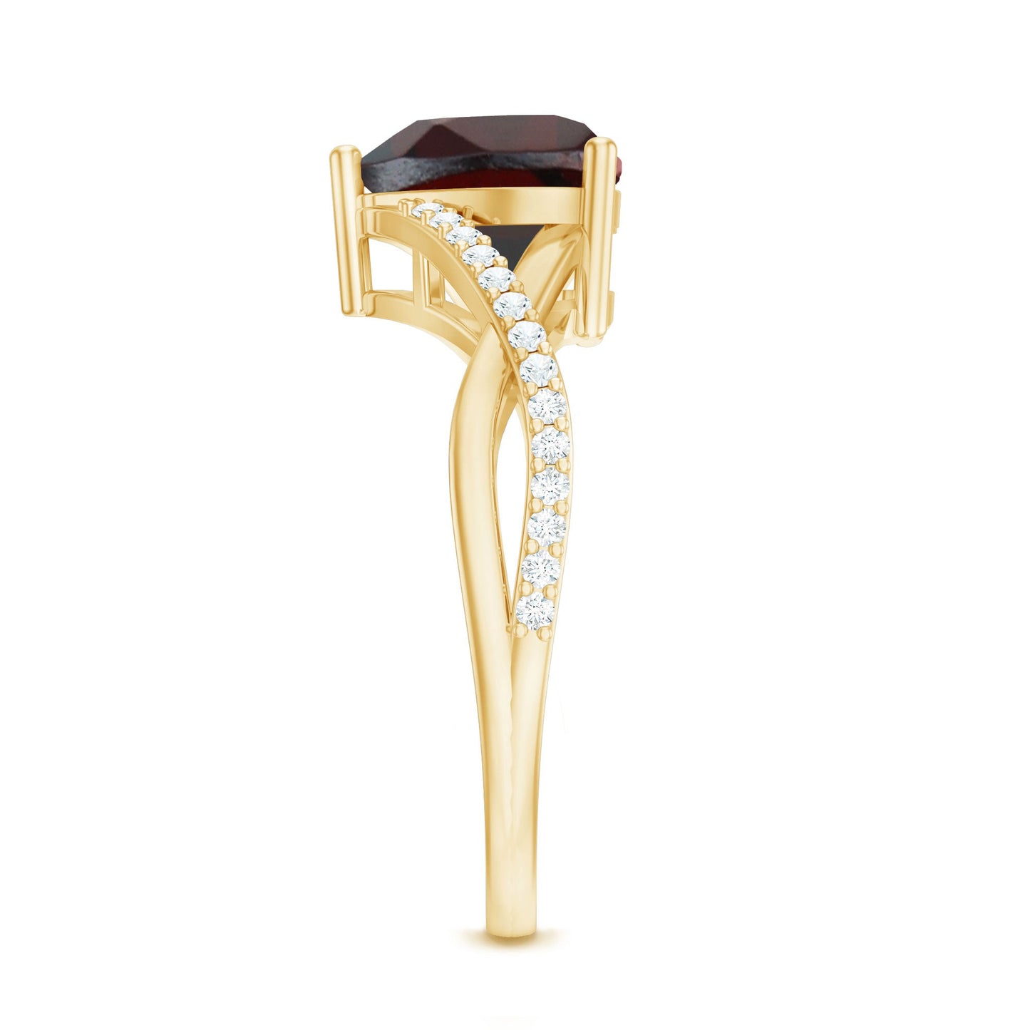 Anillo de compromiso de granate natural en forma de corazón con vástago cruzado de diamantes