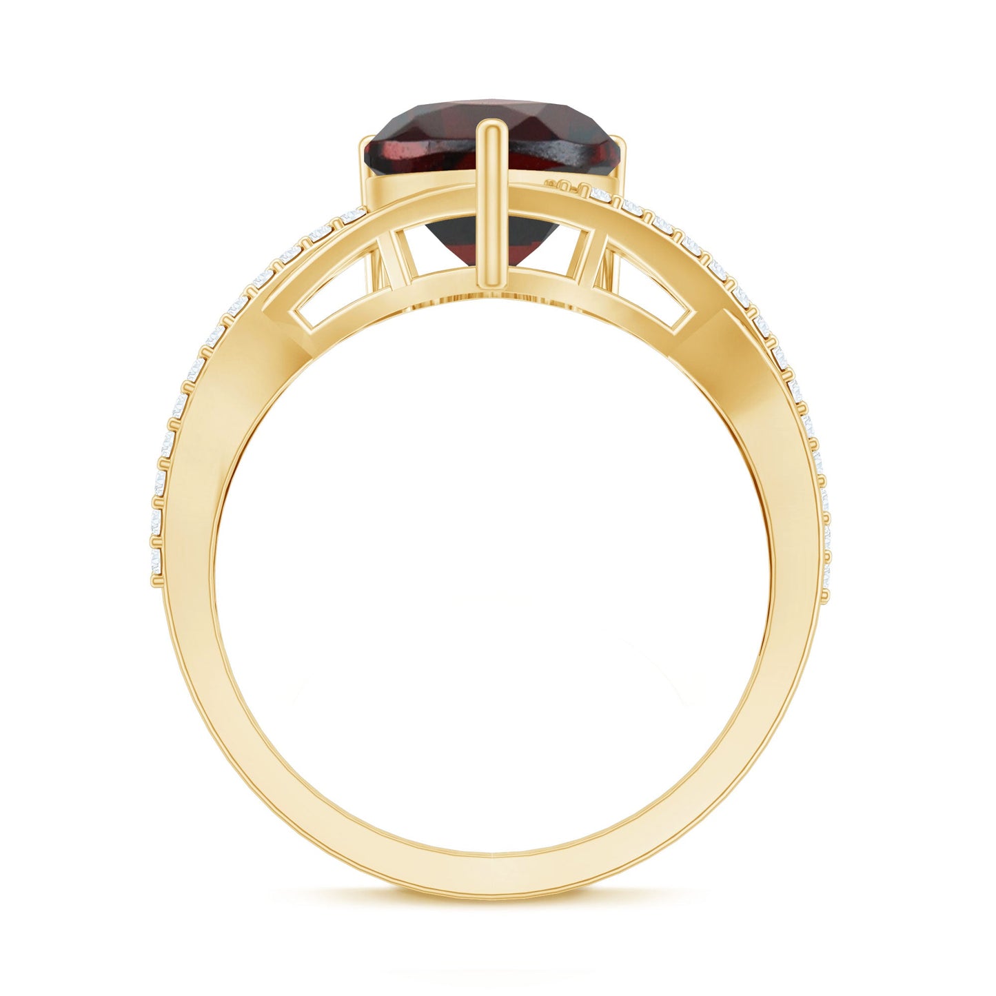 Anillo de compromiso de granate natural en forma de corazón con vástago cruzado de diamantes