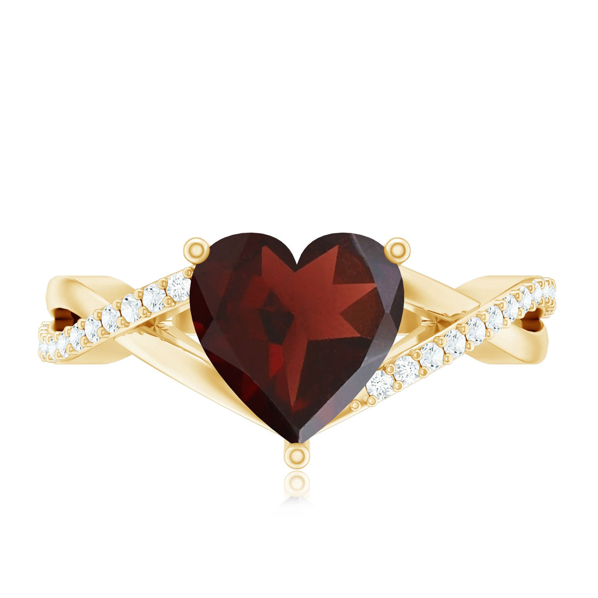 Anillo de compromiso de granate natural en forma de corazón con vástago cruzado de diamantes