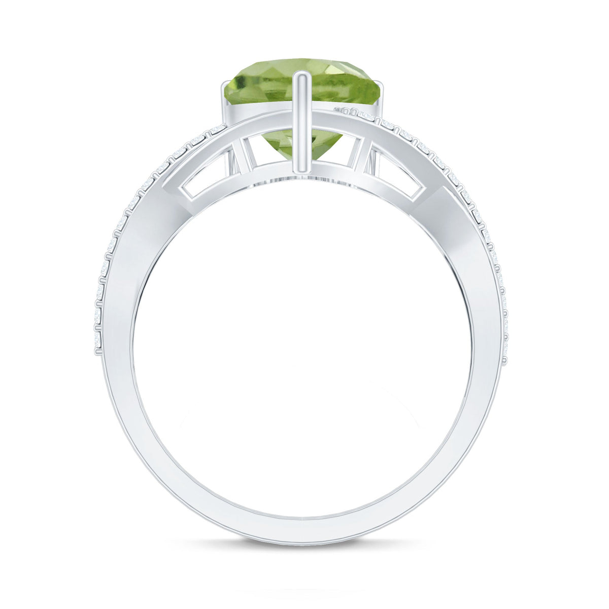 Natural 2 Carat Peridot Heart Engagement Ring with Diamond Crossover Shank
