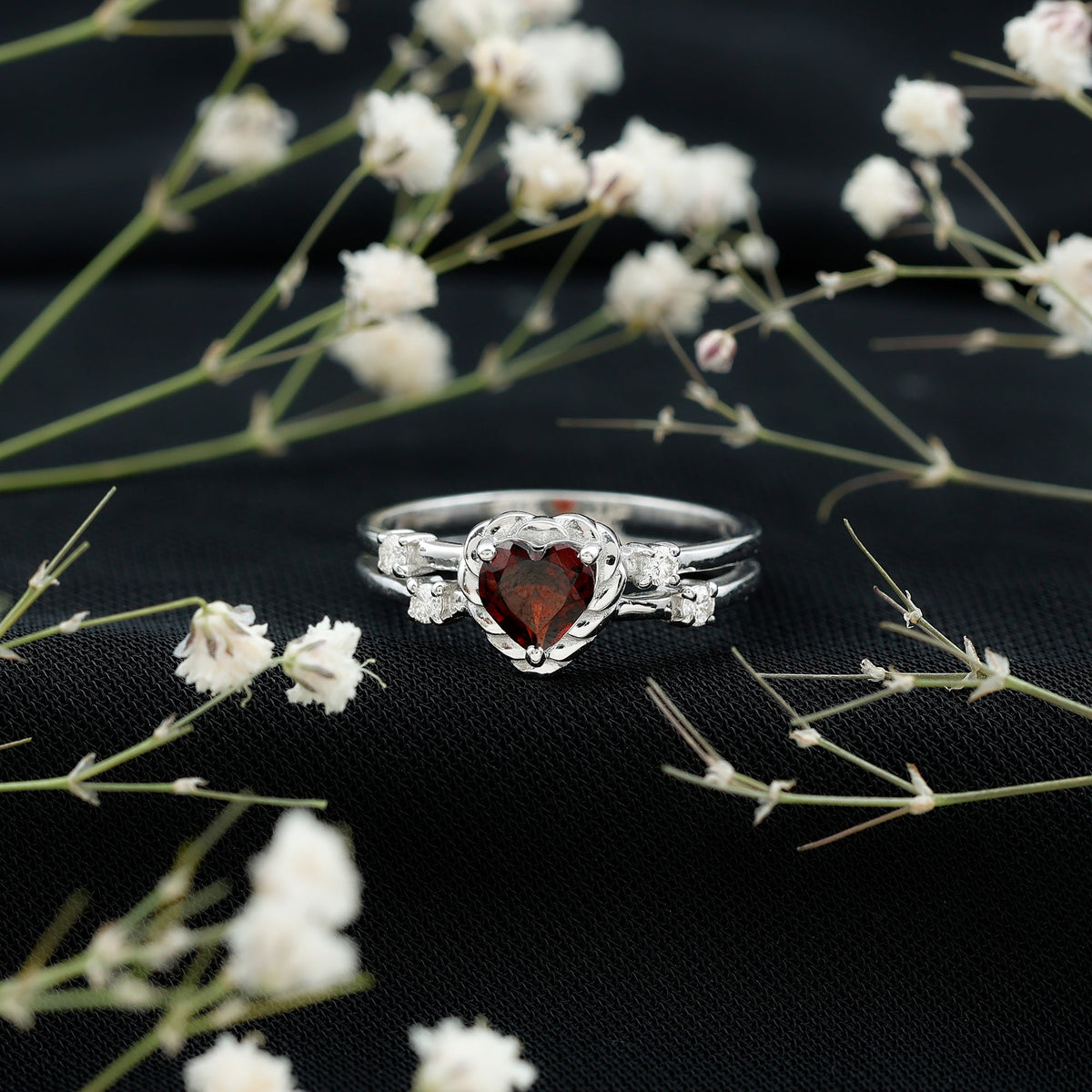 Natural Heart Shaped Garnet Diamond Double Band Engagement Ring