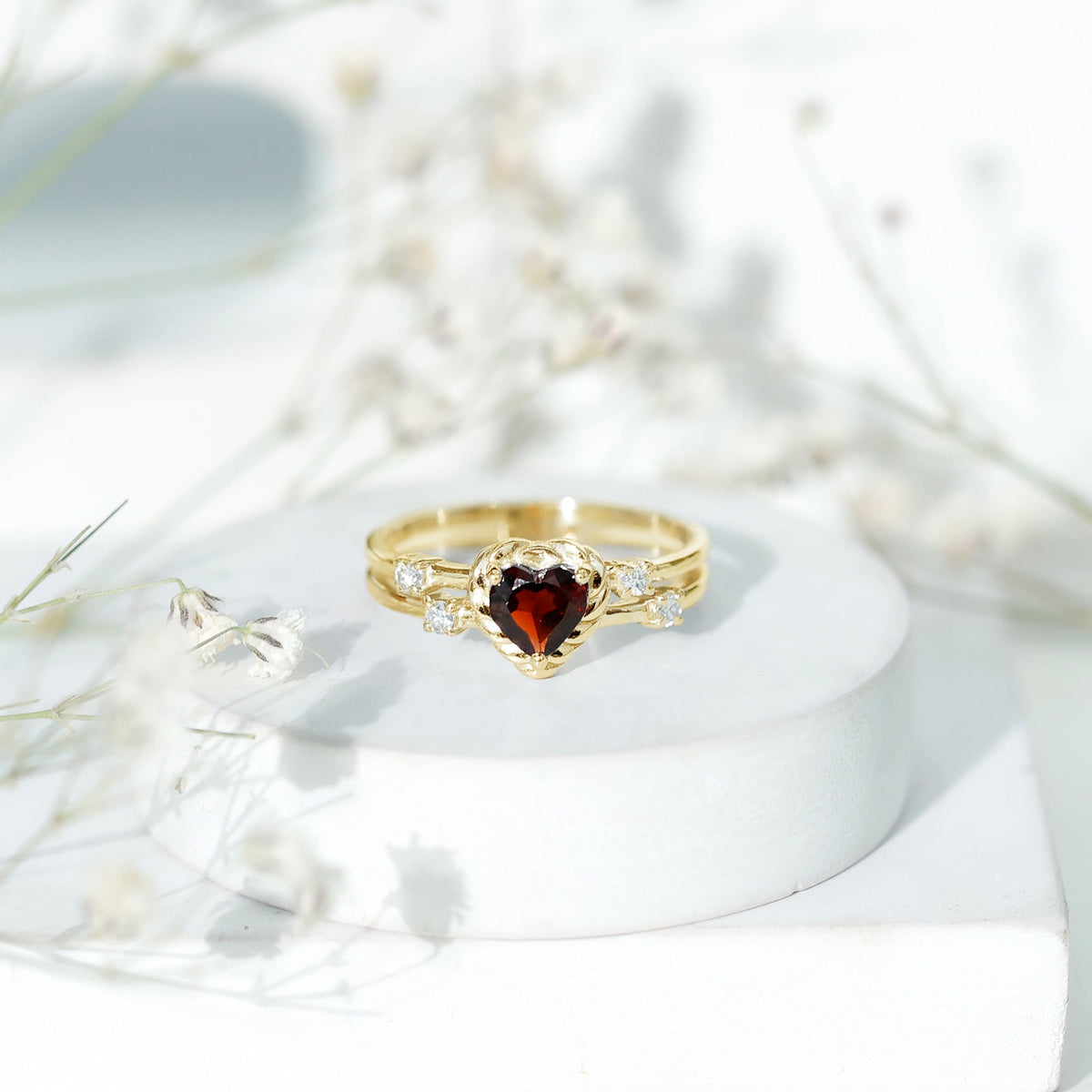 Natural Heart Shaped Garnet Diamond Double Band Engagement Ring