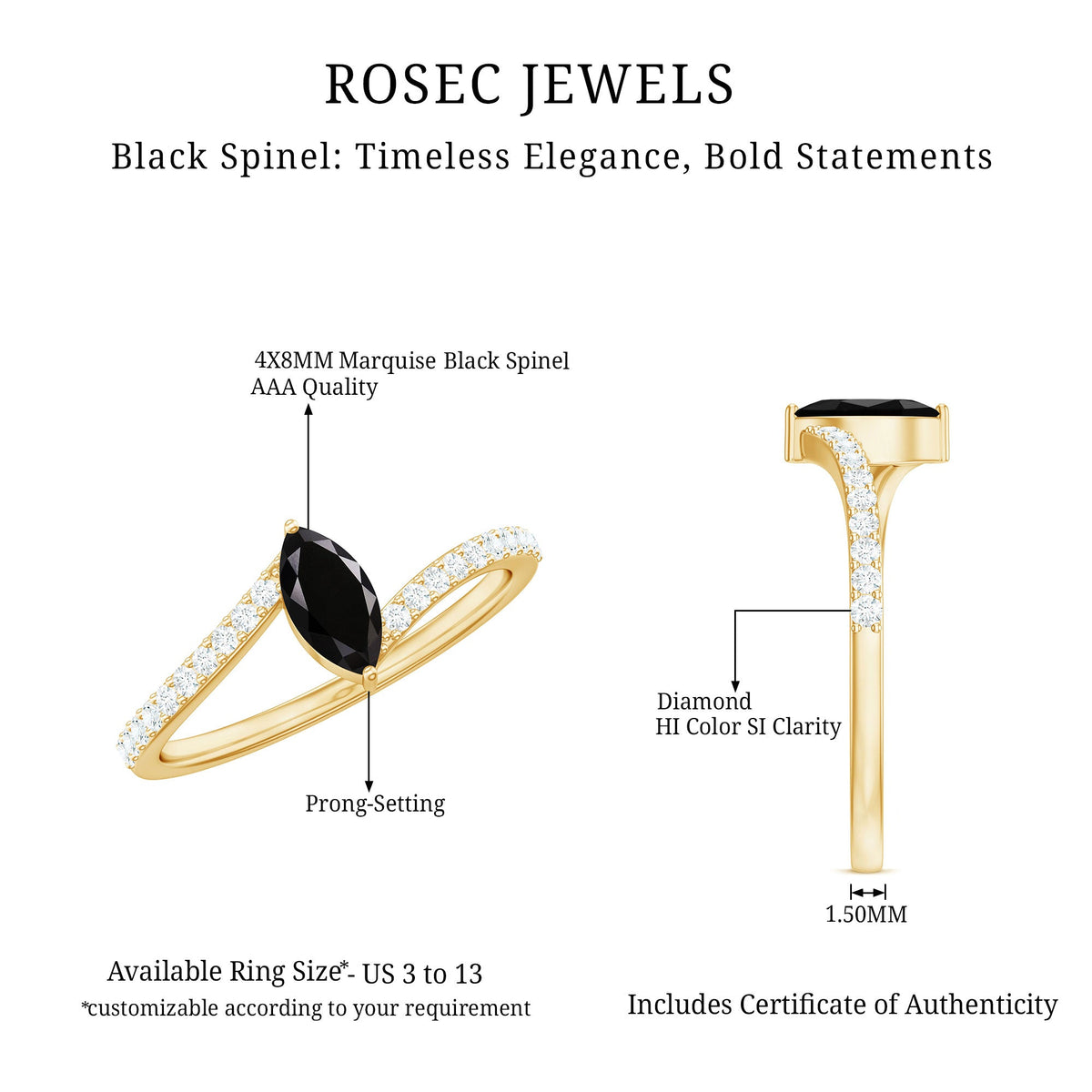 Real Marquise Black Spinel Promise Ring with Diamond Bypass Shank