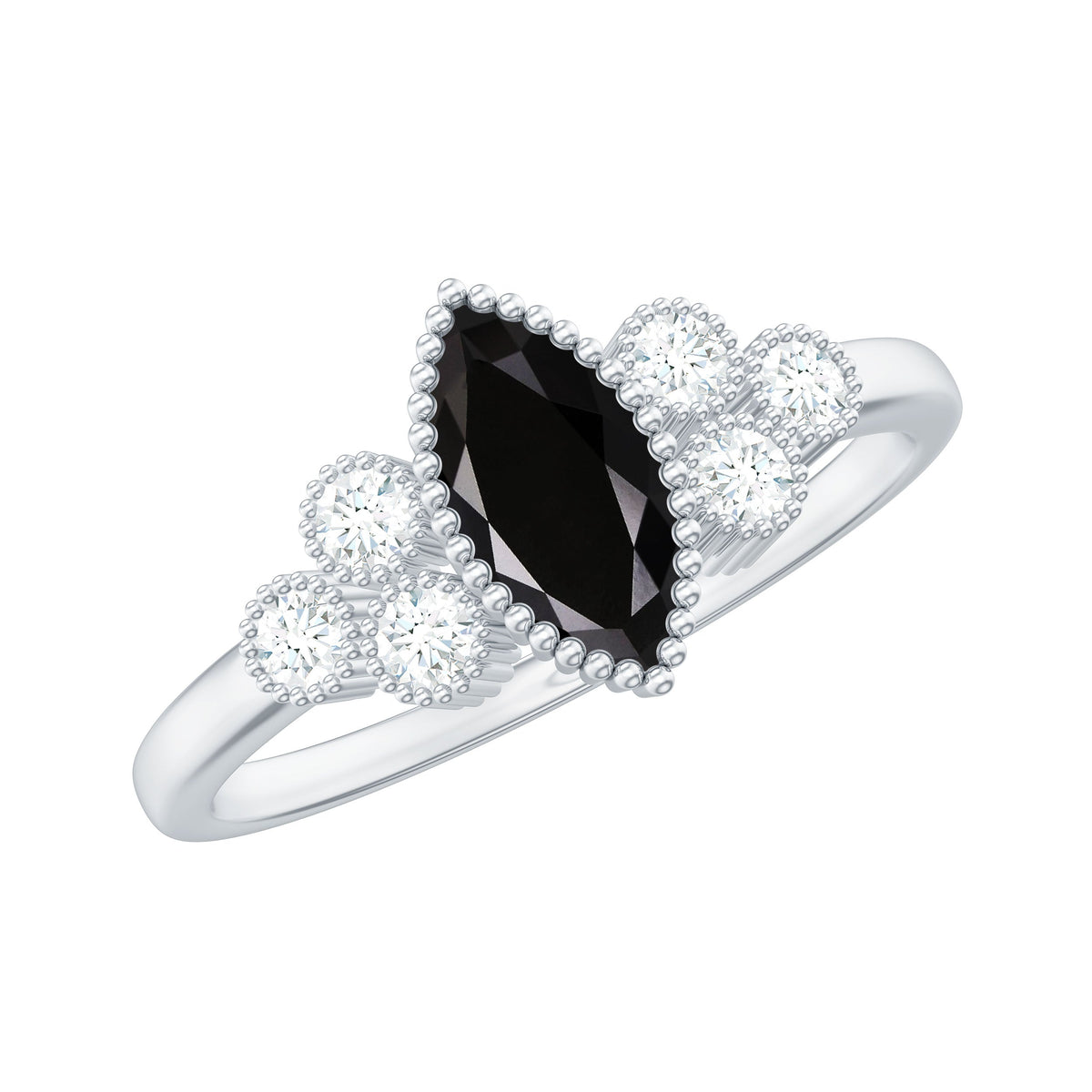 Anillo de compromiso de espinela negra marquesa natural con trío de diamantes