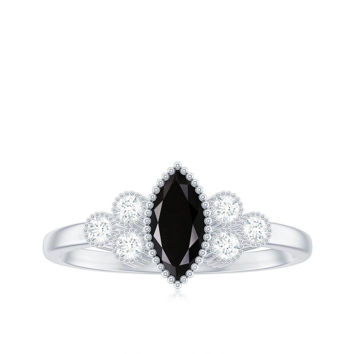 Anillo de compromiso de espinela negra marquesa natural con trío de diamantes