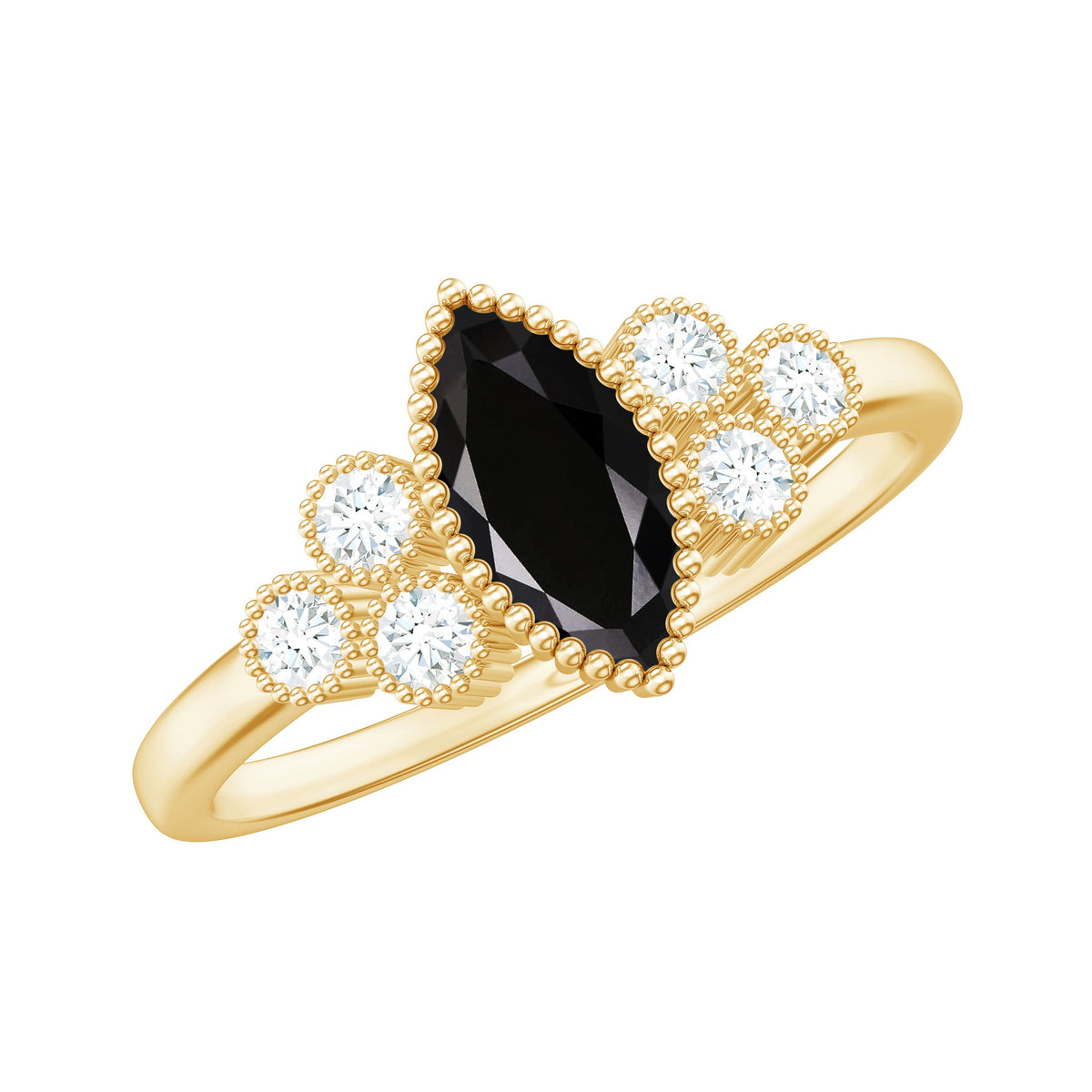 Anillo de compromiso de espinela negra marquesa natural con trío de diamantes