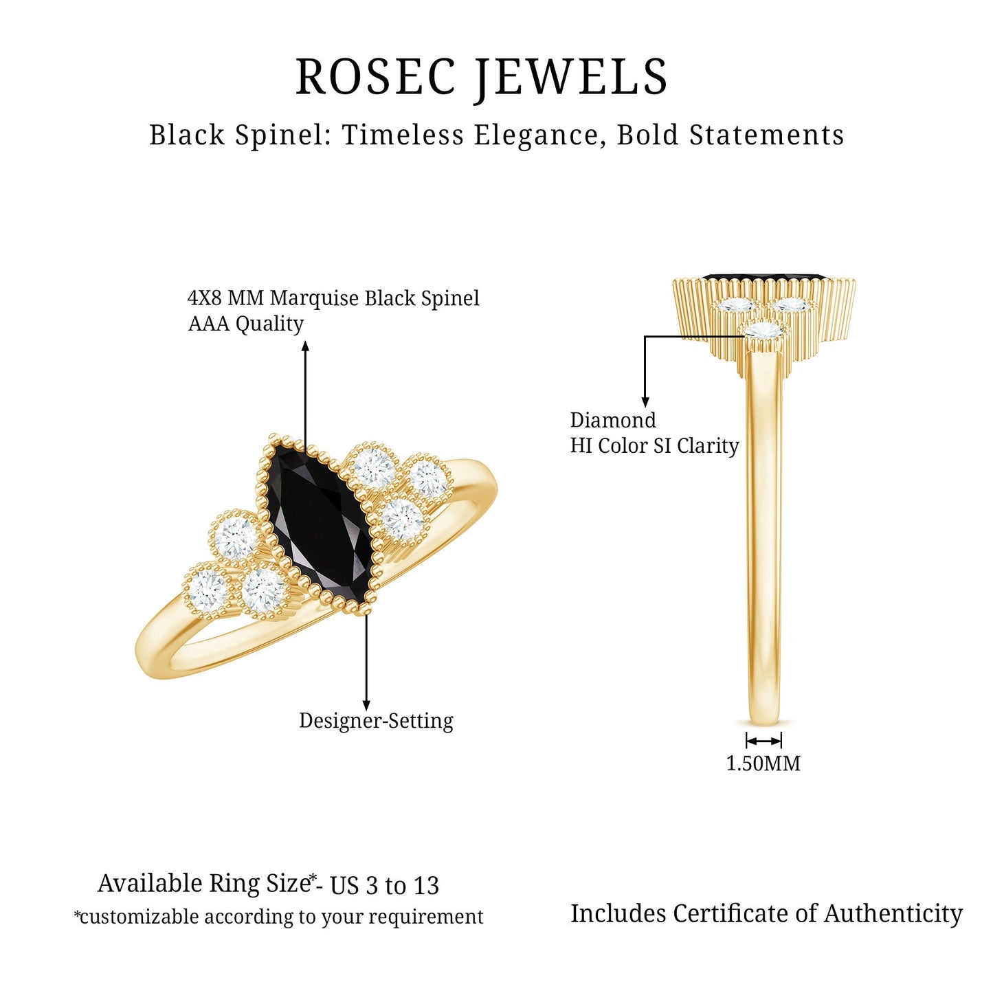 Anillo de compromiso de espinela negra marquesa natural con trío de diamantes