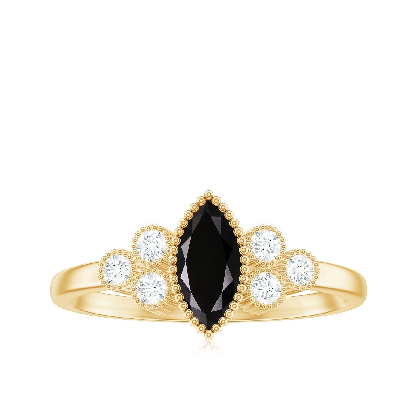 Anillo de compromiso de espinela negra marquesa natural con trío de diamantes