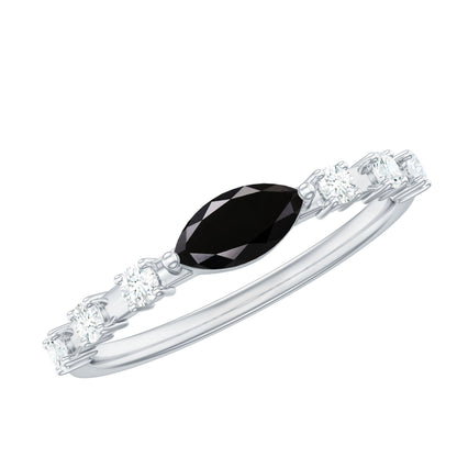0.7 Carat Marquise Cut Black Onyx Minimal East West Ring with Diamond