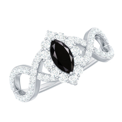 0.7 Carat Marquise Cut Black Onyx Statement Engagement Ring with Diamond Halo