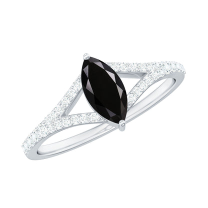 0.7 Carat Marquise Cut Black Onyx Engagement Ring with Diamond Split Shank