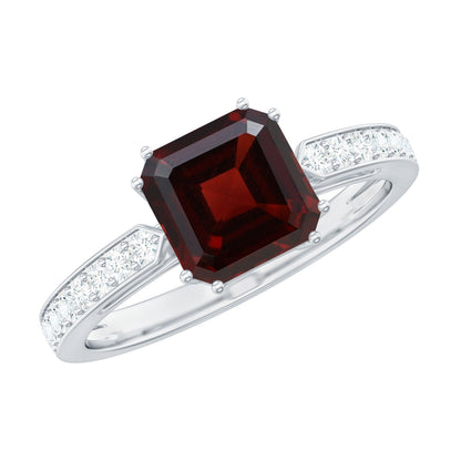 Anillo de compromiso de granate natural de 3,3 quilates con corte Asscher y diamante