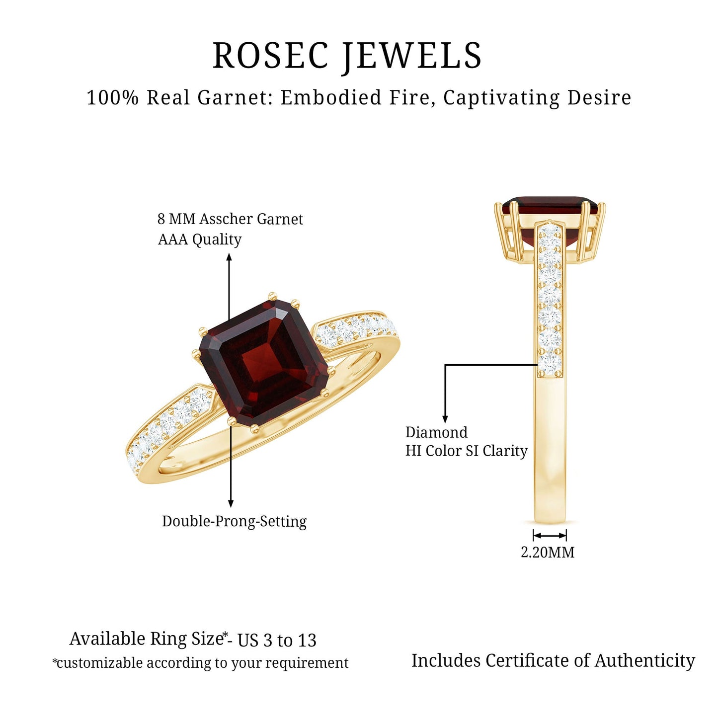 Anillo de compromiso de granate natural de 3,3 quilates con corte Asscher y diamante