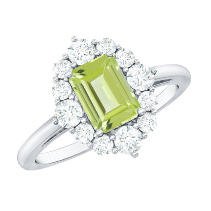 Natural 1.8 Carat Peridot Emerald Cut Engagement Ring with Diamond Halo