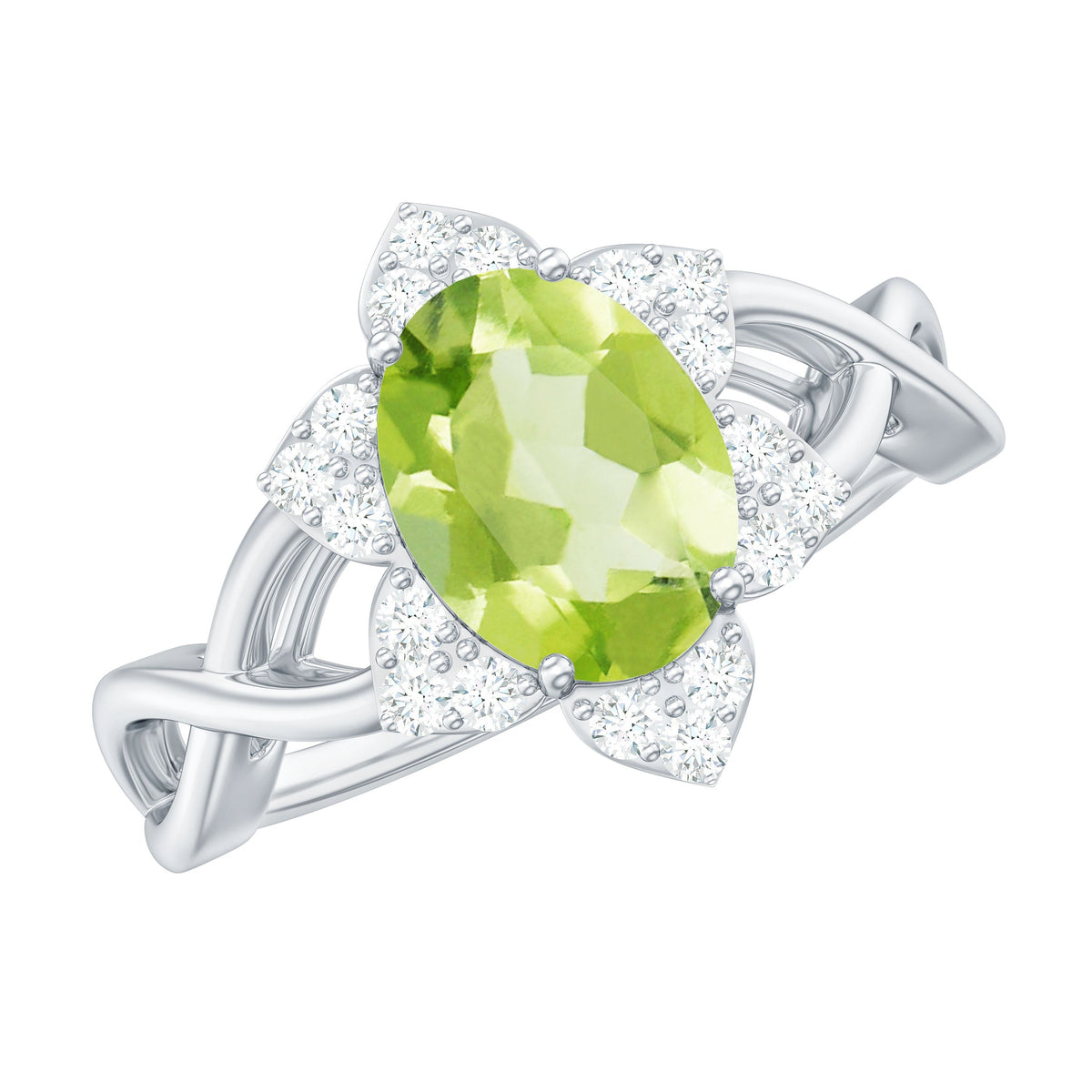 Anillo de compromiso con flor de peridoto ovalado natural de 1 quilate y diamante