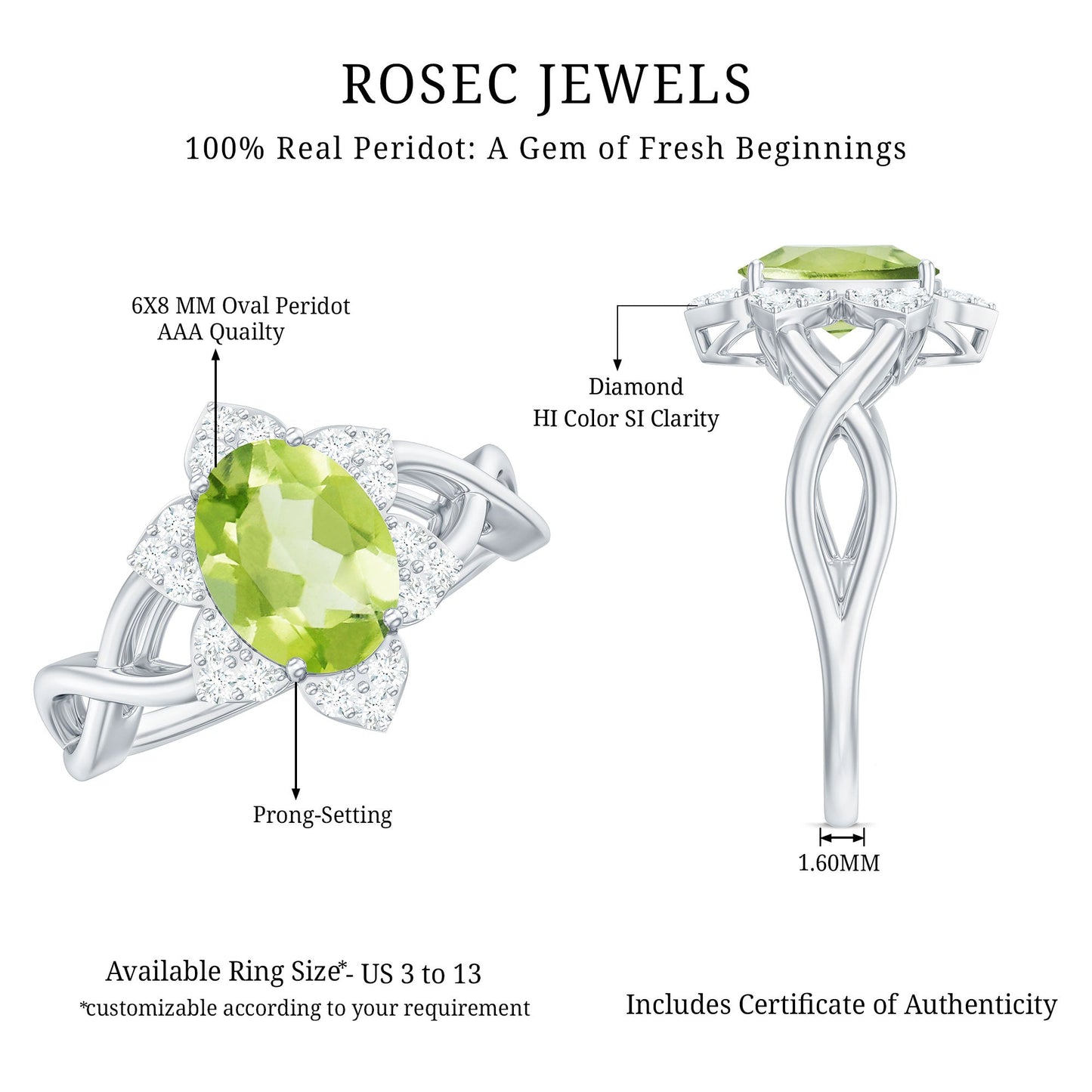 Anillo de compromiso con flor de peridoto ovalado natural de 1 quilate y diamante