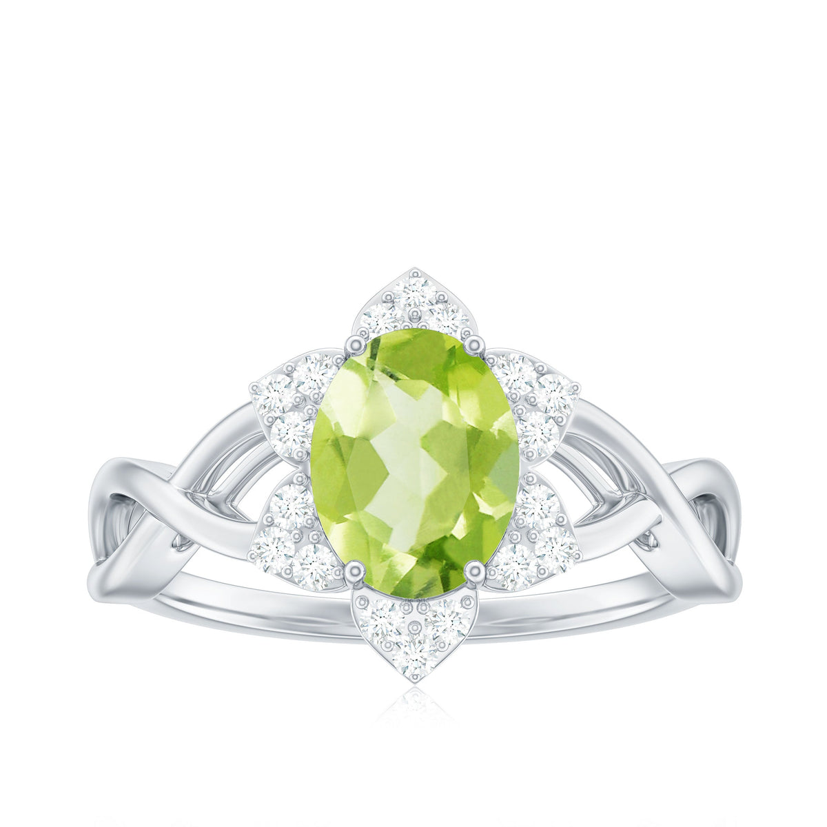 Anillo de compromiso con flor de peridoto ovalado natural de 1 quilate y diamante