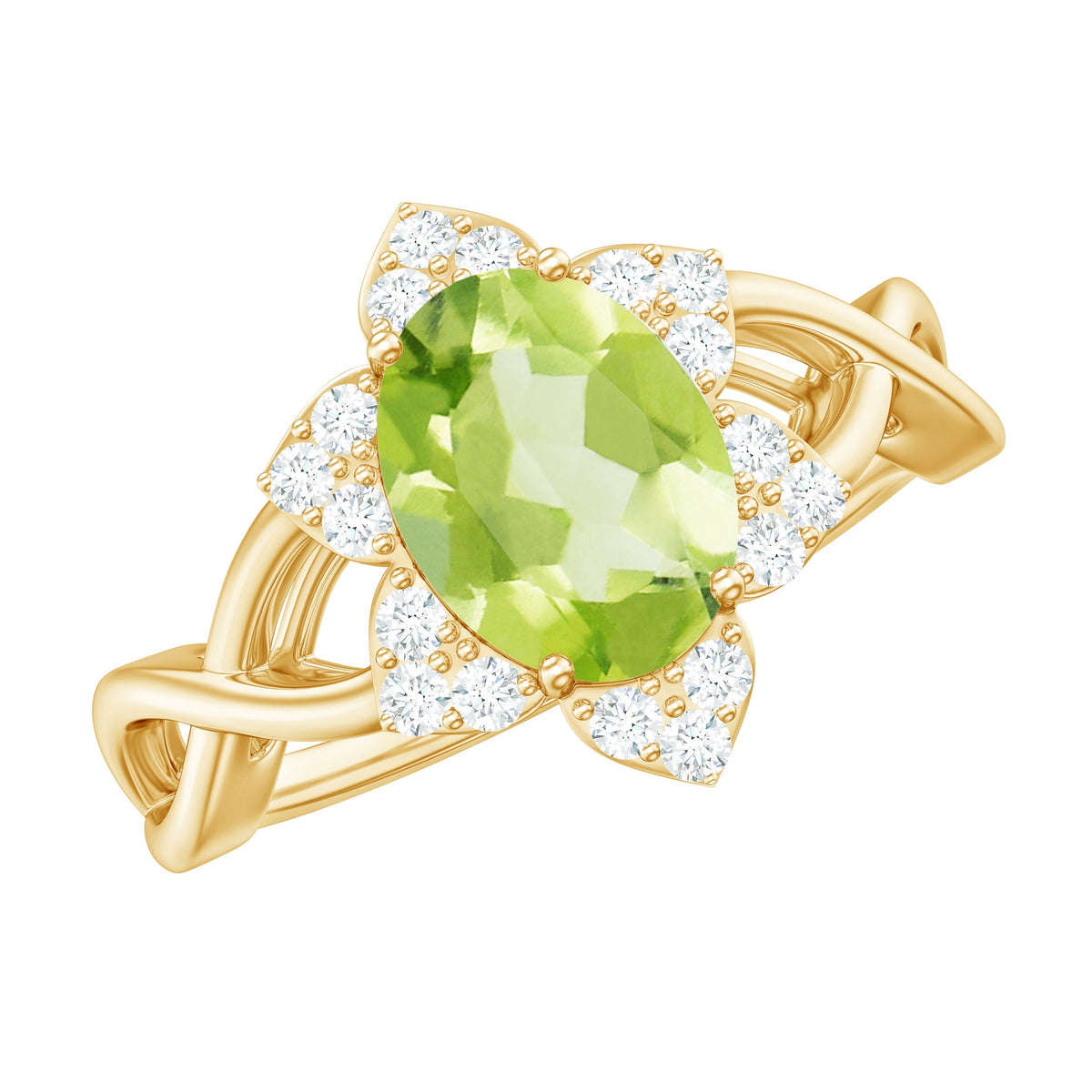 Anillo de compromiso con flor de peridoto ovalado natural de 1 quilate y diamante