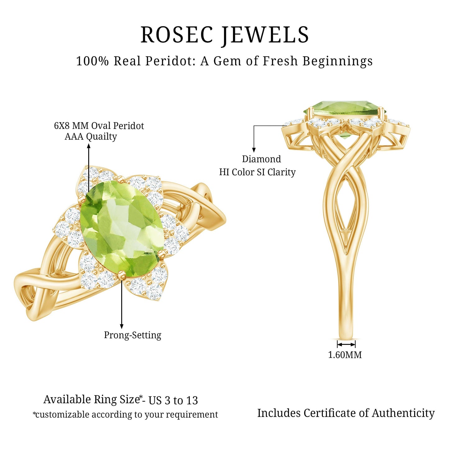 Anillo de compromiso con flor de peridoto ovalado natural de 1 quilate y diamante