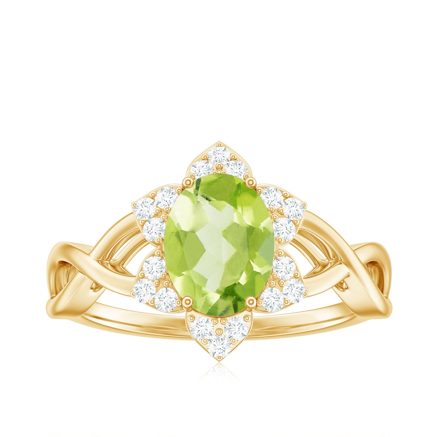 Anillo de compromiso con flor de peridoto ovalado natural de 1 quilate y diamante