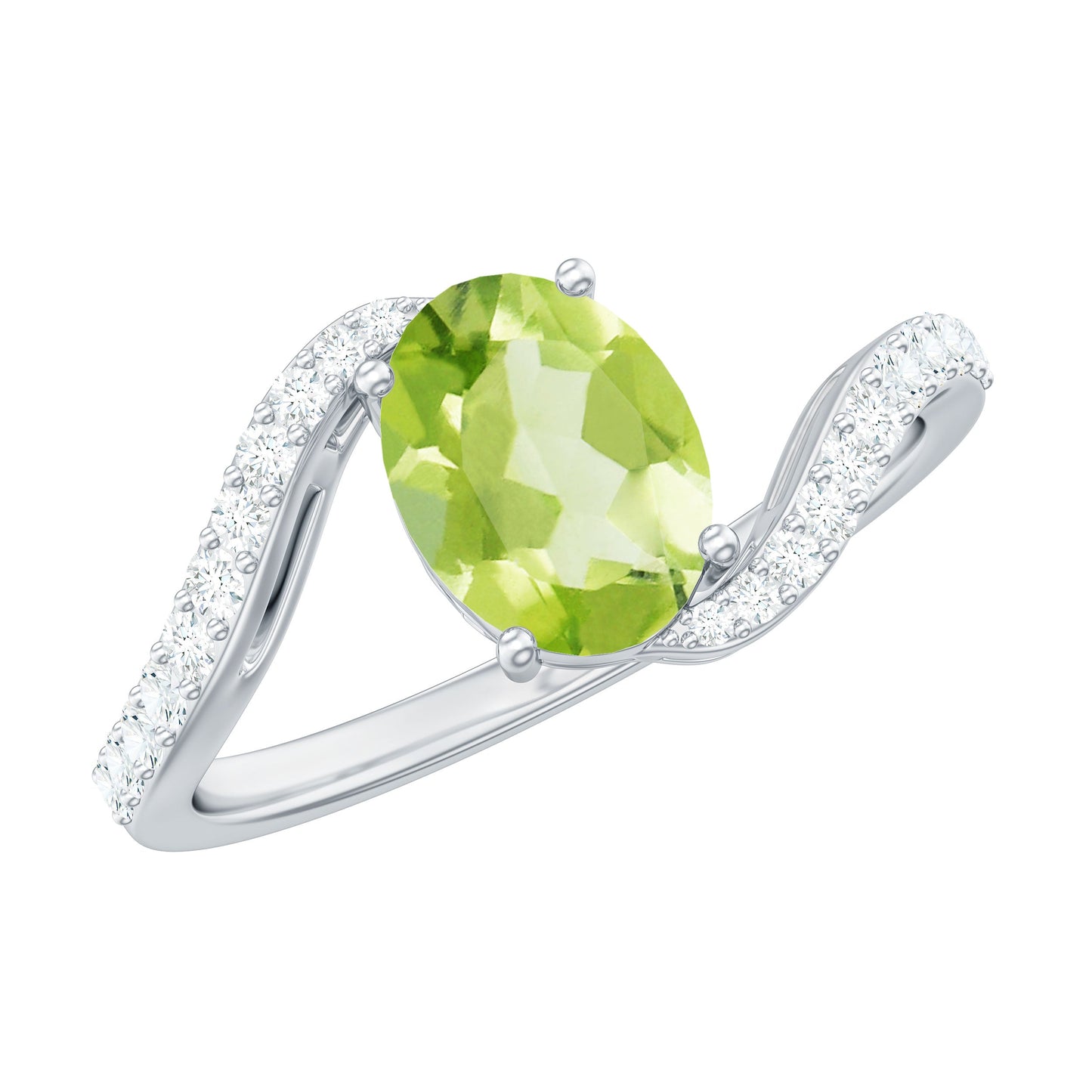 Anillo de compromiso de peridoto ovalado natural de 1 quilate con vástago de diamante tipo bypass