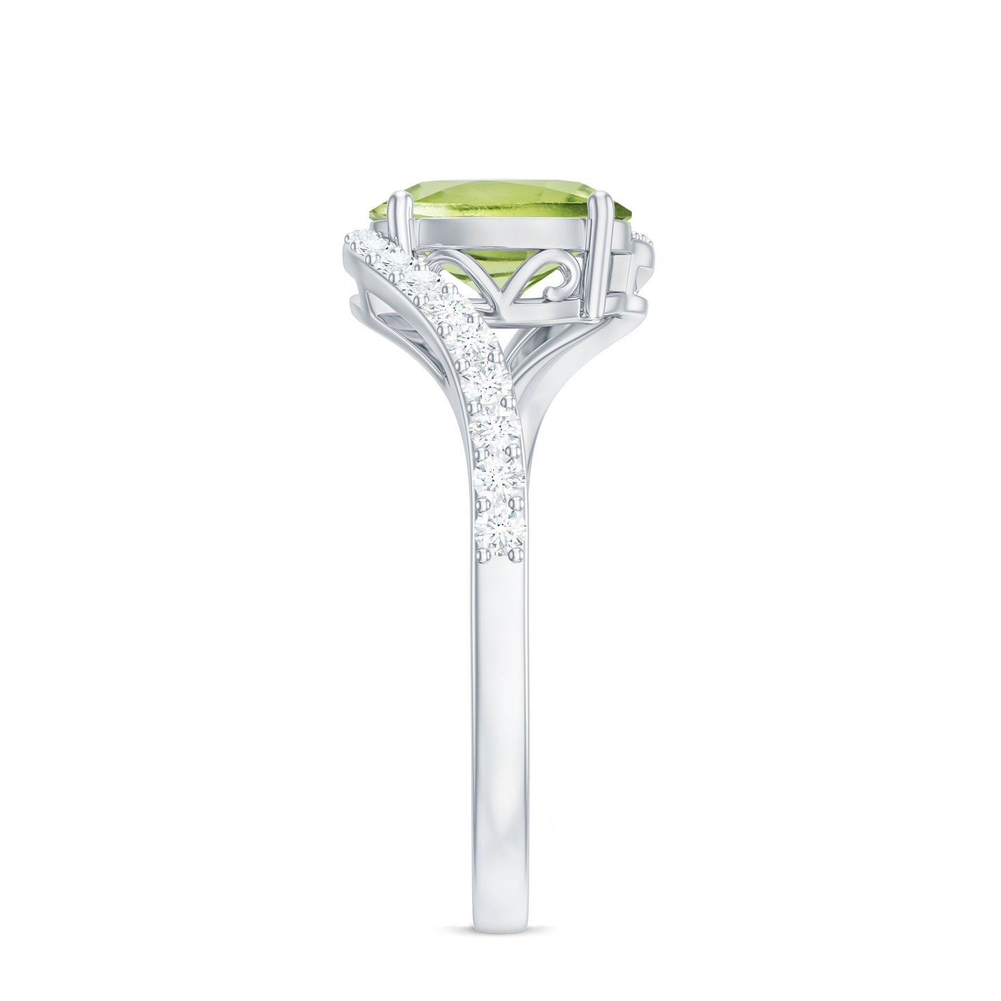 Anillo de compromiso de peridoto ovalado natural de 1 quilate con vástago de diamante tipo bypass