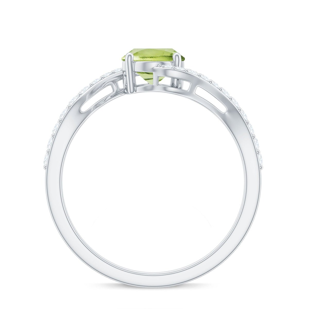 Anillo de compromiso de peridoto ovalado natural de 1 quilate con vástago de diamante tipo bypass