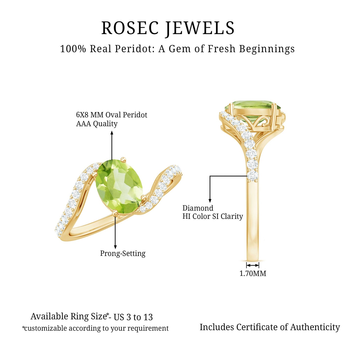 Anillo de compromiso de peridoto ovalado natural de 1 quilate con vástago de diamante tipo bypass