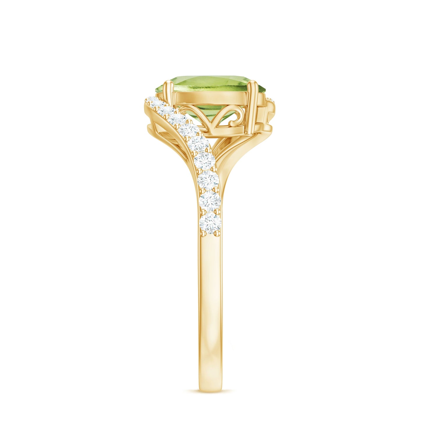 Anillo de compromiso de peridoto ovalado natural de 1 quilate con vástago de diamante tipo bypass